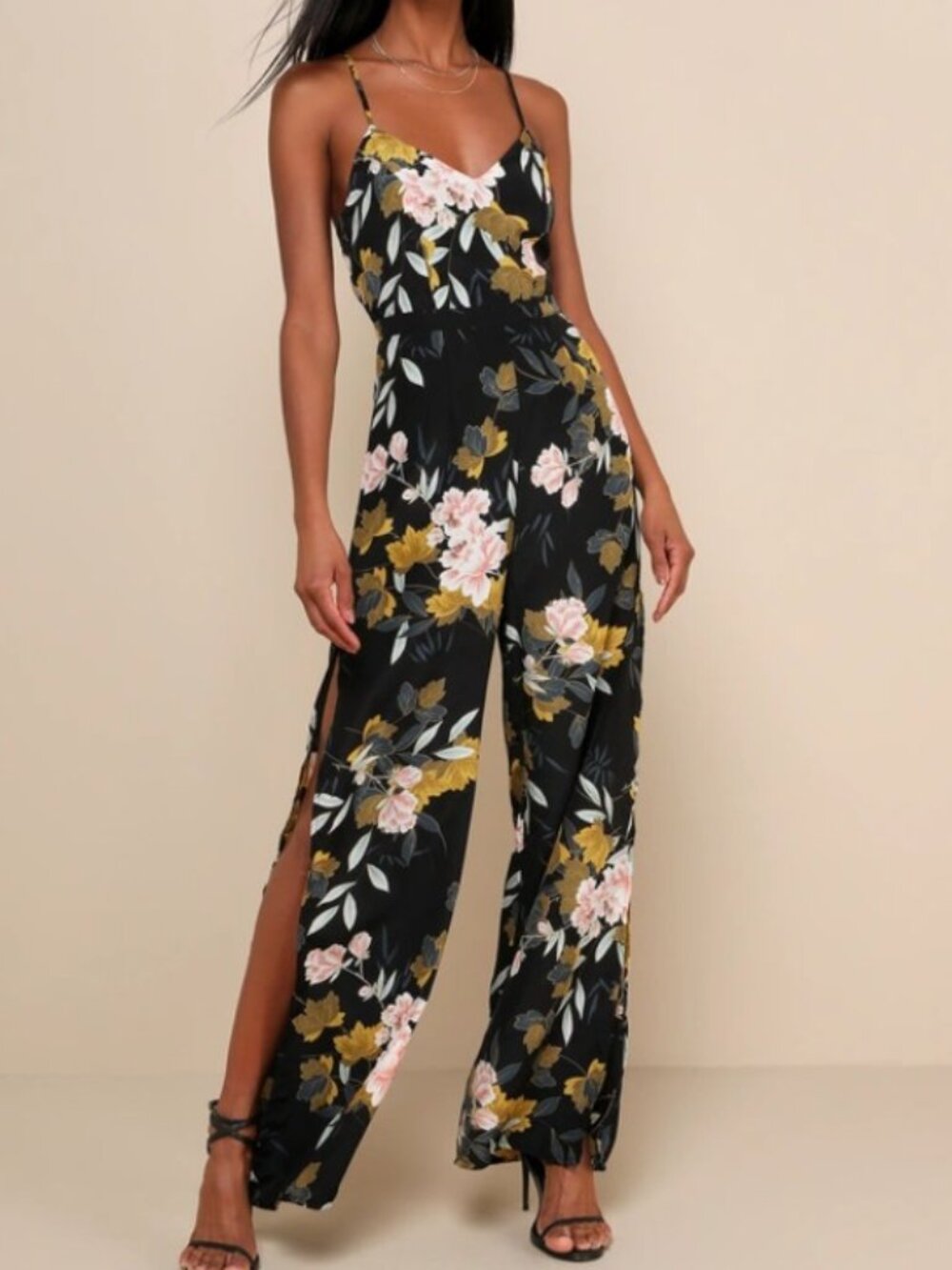 Lulus Beautiful Blooms Black Floral Print Wide-Leg Jumpsuit Size Small S